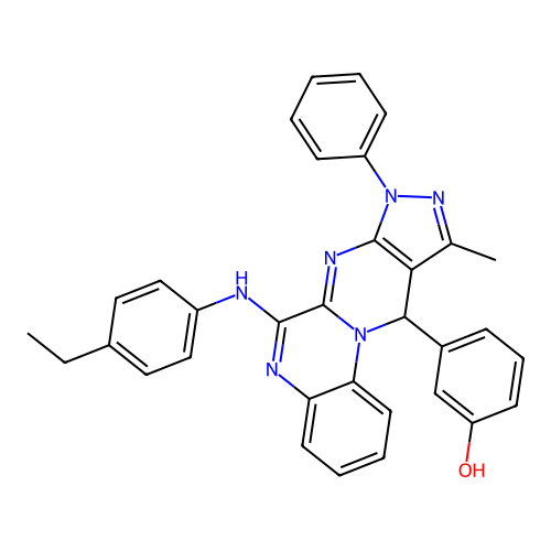 3-(6-((4-ethylphenyl)amino)-10-methyl-8-phenyl-8,11-dihydropyrazolo[3',4':4,5]pyrimido[1,2-a]quinoxalin-11-yl)phenol structure