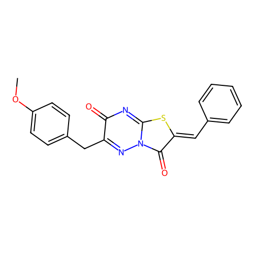 (Z)-2-benzylidene-6-(4-methoxybenzyl)-2H-thiazolo[3,2-b][1,2,4]triazine-3,7-dione structure