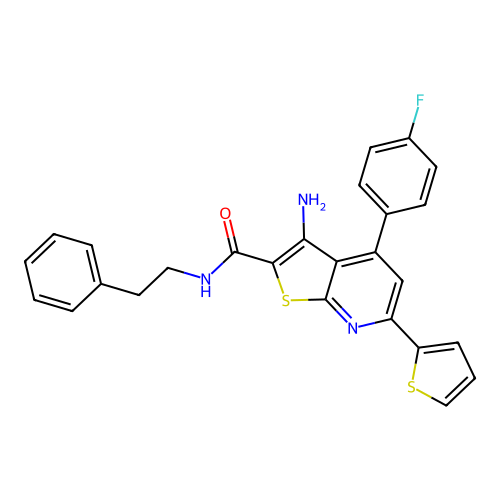 3-amino-4-(4-fluorophenyl)-N-(2-phenylethyl)-6-(thiophen-2-yl)thieno[2,3-b]pyridine-2-carboxamide structure