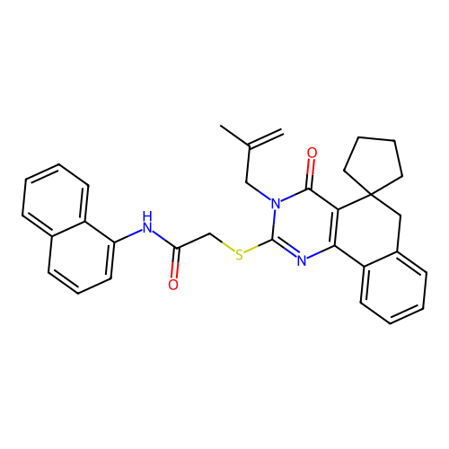 2-((3-(2-methylallyl)-4-oxo-4,6-dihydro-3H-spiro[benzo[h]quinazoline-5,1'-cyclopentan]-2-yl)thio)-N-(naphthalen-1-yl)acetamide structure