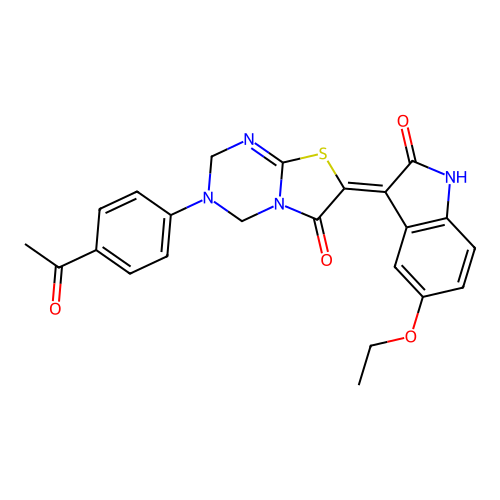 (7Z)-3-(4-acetylphenyl)-7-(5-ethoxy-2-oxo-1,2-dihydro-3H-indol-3-ylidene)-3,4-dihydro-2H-[1,3]thiazolo[3,2-a][1,3,5]triazin-6(7H)-one structure
