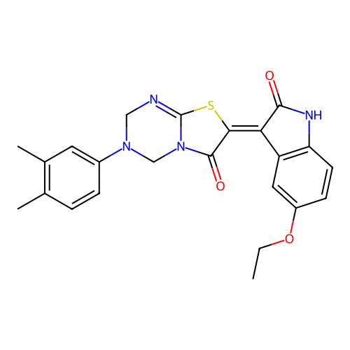 (7Z)-3-(3,4-dimethylphenyl)-7-(5-ethoxy-2-oxo-1,2-dihydro-3H-indol-3-ylidene)-3,4-dihydro-2H-[1,3]thiazolo[3,2-a][1,3,5]triazin-6(7H)-one structure