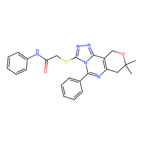 2-((8,8-dimethyl-5-phenyl-8,10-dihydro-7H-pyrano[3,4-e][1,2,4]triazolo[4,3-c]pyrimidin-3-yl)thio)-N-phenylacetamide structure