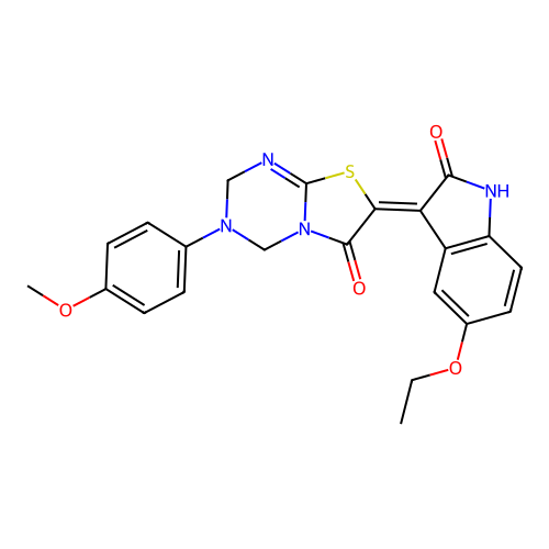 (7Z)-7-(5-ethoxy-2-oxo-1,2-dihydro-3H-indol-3-ylidene)-3-(4-methoxyphenyl)-3,4-dihydro-2H-[1,3]thiazolo[3,2-a][1,3,5]triazin-6(7H)-one structure