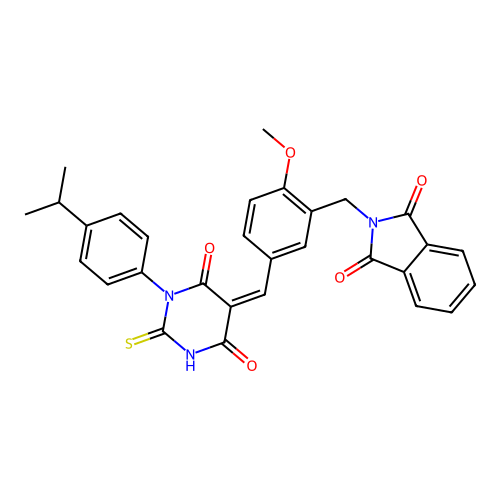 (Z)-2-(5-((1-(4-isopropylphenyl)-4,6-dioxo-2-thioxotetrahydropyrimidin-5(2H)-ylidene)methyl)-2-methoxybenzyl)isoindoline-1,3-dione structure