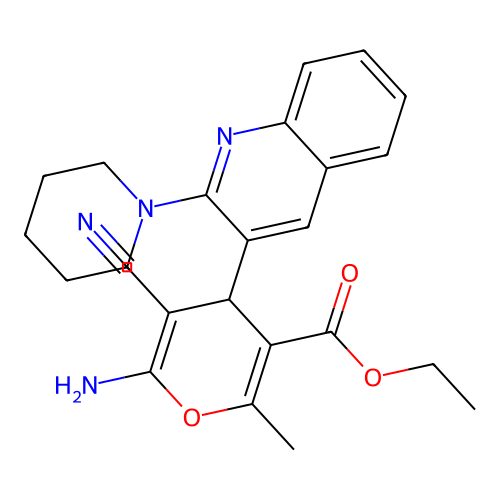 ethyl 6-amino-5-cyano-2-methyl-4-(2-(piperidin-1-yl)quinolin-3-yl)-4H-pyran-3-carboxylate structure