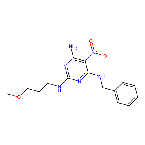 4-N-benzyl-2-N-(3-methoxypropyl)-5-nitropyrimidine-2,4,6-triamine structure