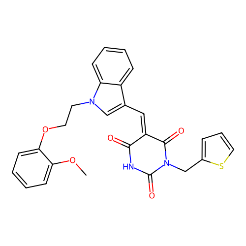 (5E)-5-[[1-[2-(2-methoxyphenoxy)ethyl]indol-3-yl]methylidene]-1-(thiophen-2-ylmethyl)-1,3-diazinane-2,4,6-trione structure