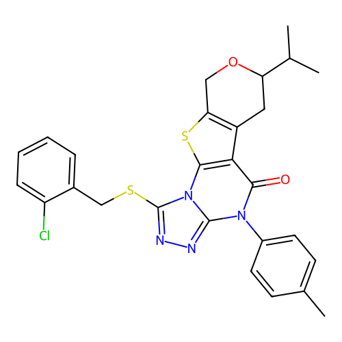 1-((2-chlorobenzyl)thio)-7-isopropyl-4-(p-tolyl)-6,7-dihydro-4H-pyrano[4',3':4,5]thieno[3,2-e][1,2,4]triazolo[4,3-a]pyrimidin-5(9H)-one structure