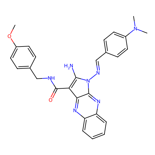(E)-2-amino-1-((4-(dimethylamino)benzylidene)amino)-N-(4-methoxybenzyl)-1H-pyrrolo[2,3-b]quinoxaline-3-carboxamide structure