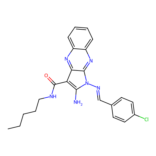 (E)-2-amino-1-((4-chlorobenzylidene)amino)-N-pentyl-1H-pyrrolo[2,3-b]quinoxaline-3-carboxamide structure