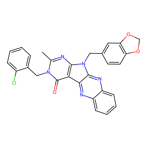 11-(benzo[d][1,3]dioxol-5-ylmethyl)-3-(2-chlorobenzyl)-2-methyl-3H-pyrimido[5',4':4,5]pyrrolo[2,3-b]quinoxalin-4(11H)-one structure