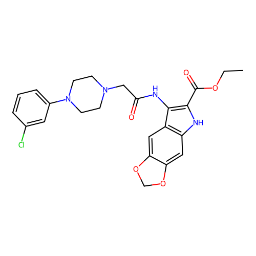 ethyl 7-({[4-(3-chlorophenyl)piperazin-1-yl]acetyl}amino)-5H-[1,3]dioxolo[4,5-f]indole-6-carboxylate structure