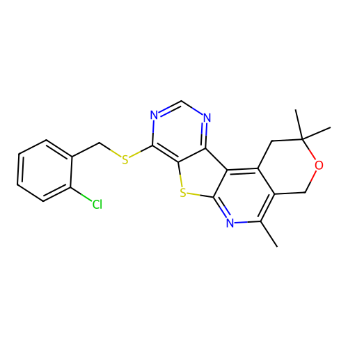 2-CHLOROBENZYL (2,2,5-TRIMETHYL-1,4-DIHYDRO-2H-PYRANO[4'',3'':4',5']PYRIDO[3',2':4,5]THIENO[3,2-D]PYRIMIDIN-8-YL) SULFIDE structure