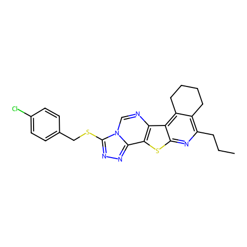 3-((4-chlorobenzyl)thio)-11-propyl-7,8,9,10-tetrahydro-[1,2,4]triazolo[4'',3'':1',6']pyrimido[4',5':4,5]thieno[2,3-c]isoquinoline structure