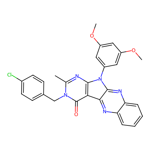 3-(4-chlorobenzyl)-11-(3,5-dimethoxyphenyl)-2-methyl-3H-pyrimido[5',4':4,5]pyrrolo[2,3-b]quinoxalin-4(11H)-one structure