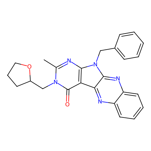 11-benzyl-2-methyl-3-((tetrahydrofuran-2-yl)methyl)-3H-pyrimido[5',4':4,5]pyrrolo[2,3-b]quinoxalin-4(11H)-one structure