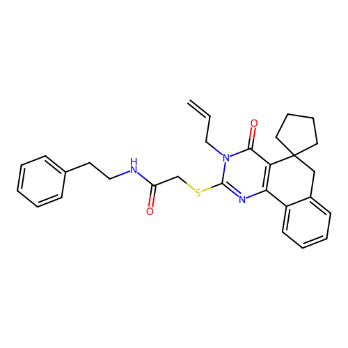 2-((3-allyl-4-oxo-4,6-dihydro-3H-spiro[benzo[h]quinazoline-5,1'-cyclopentan]-2-yl)thio)-N-phenethylacetamide structure