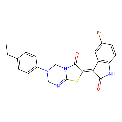 (7Z)-7-(5-bromo-2-oxo-1,2-dihydro-3H-indol-3-ylidene)-3-(4-ethylphenyl)-3,4-dihydro-2H-[1,3]thiazolo[3,2-a][1,3,5]triazin-6(7H)-one structure