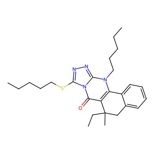 6-ethyl-6-methyl-12-pentyl-9-(pentylthio)-5,6-dihydrobenzo[h][1,2,4]triazolo[3,4-b]quinazolin-7(12H)-one structure