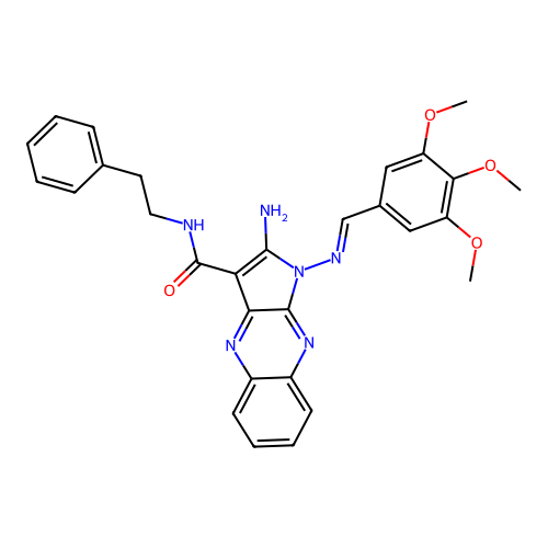 (E)-2-amino-N-phenethyl-1-((3,4,5-trimethoxybenzylidene)amino)-1H-pyrrolo[2,3-b]quinoxaline-3-carboxamide structure