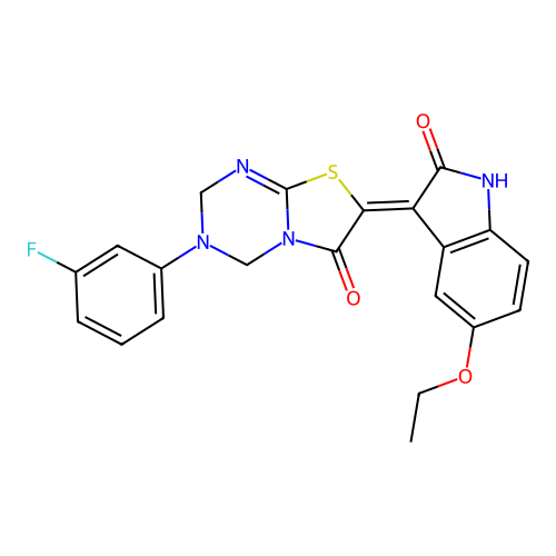 (7Z)-7-(5-ethoxy-2-oxo-1,2-dihydro-3H-indol-3-ylidene)-3-(3-fluorophenyl)-3,4-dihydro-2H-[1,3]thiazolo[3,2-a][1,3,5]triazin-6(7H)-one structure