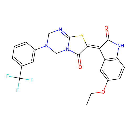 (7Z)-7-(5-ethoxy-2-oxo-1,2-dihydro-3H-indol-3-ylidene)-3-[3-(trifluoromethyl)phenyl]-3,4-dihydro-2H-[1,3]thiazolo[3,2-a][1,3,5]triazin-6(7H)-one structure