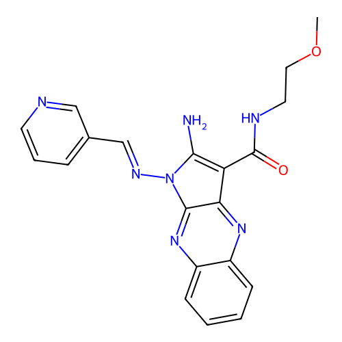(E)-2-amino-N-(2-methoxyethyl)-1-((pyridin-3-ylmethylene)amino)-1H-pyrrolo[2,3-b]quinoxaline-3-carboxamide structure