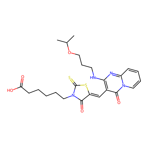 6-{(5Z)-4-oxo-5-[(4-oxo-2-{[3-(propan-2-yloxy)propyl]amino}-4H-pyrido[1,2-a]pyrimidin-3-yl)methylidene]-2-thioxo-1,3-thiazolidin-3-yl}hexanoic acid structure