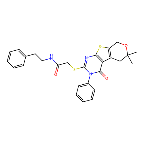 2-((6,6-dimethyl-4-oxo-3-phenyl-4,5,6,8-tetrahydro-3H-pyrano[4',3':4,5]thieno[2,3-d]pyrimidin-2-yl)thio)-N-phenethylacetamide structure