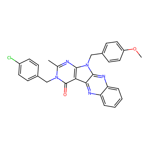 3-(4-chlorobenzyl)-11-(4-methoxybenzyl)-2-methyl-3,11-dihydro-4H-pyrimido[5',4':4,5]pyrrolo[2,3-b]quinoxalin-4-one structure