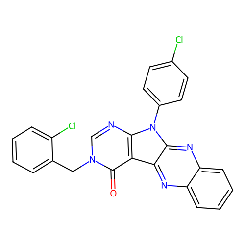 3-(2-chlorobenzyl)-11-(4-chlorophenyl)-3,11-dihydro-4H-pyrimido[5',4':4,5]pyrrolo[2,3-b]quinoxalin-4-one structure