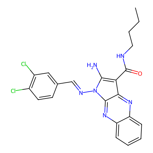 (E)-2-amino-N-butyl-1-((3,4-dichlorobenzylidene)amino)-1H-pyrrolo[2,3-b]quinoxaline-3-carboxamide structure