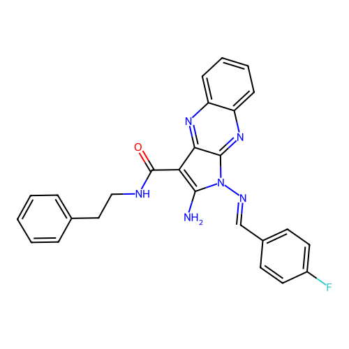 (E)-2-amino-1-((4-fluorobenzylidene)amino)-N-phenethyl-1H-pyrrolo[2,3-b]quinoxaline-3-carboxamide structure