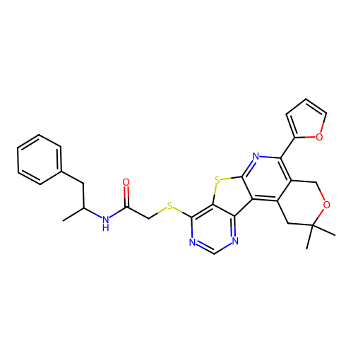 2-((5-(furan-2-yl)-2,2-dimethyl-2,4-dihydro-1H-pyrano[4'',3'':4',5']pyrido[3',2':4,5]thieno[3,2-d]pyrimidin-8-yl)thio)-N-(1-phenylpropan-2-yl)acetamide structure