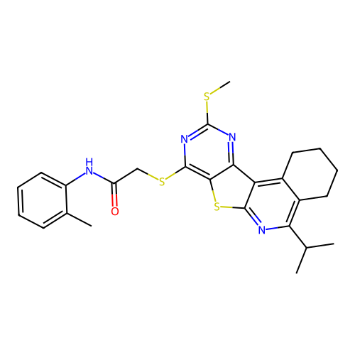 2-((5-isopropyl-10-(methylthio)-1,2,3,4-tetrahydropyrimido[4',5':4,5]thieno[2,3-c]isoquinolin-8-yl)thio)-N-(o-tolyl)acetamide structure