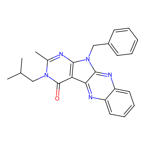 11-benzyl-3-isobutyl-2-methyl-3H-pyrimido[5',4':4,5]pyrrolo[2,3-b]quinoxalin-4(11H)-one structure