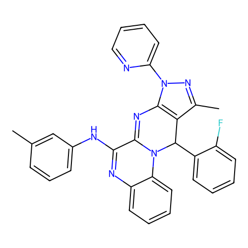 11-(2-fluorophenyl)-10-methyl-8-(pyridin-2-yl)-N-(m-tolyl)-8,11-dihydropyrazolo[3',4':4,5]pyrimido[1,2-a]quinoxalin-6-amine structure