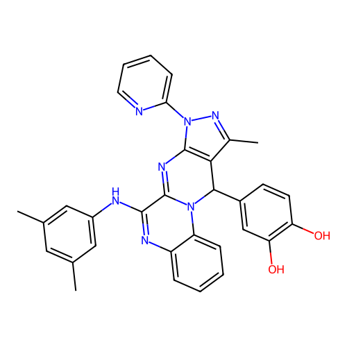 4-(6-((3,5-dimethylphenyl)amino)-10-methyl-8-(pyridin-2-yl)-8,11-dihydropyrazolo[3',4':4,5]pyrimido[1,2-a]quinoxalin-11-yl)benzene-1,2-diol structure