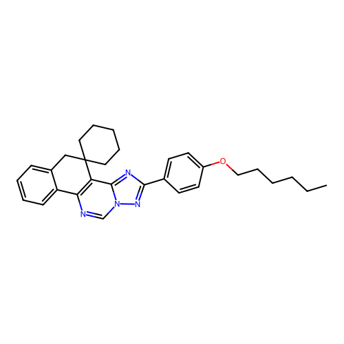 2-(4-(hexyloxy)phenyl)-5H-spiro[benzo[h][1,2,4]triazolo[1,5-c]quinazoline-4,1'-cyclohexane] structure