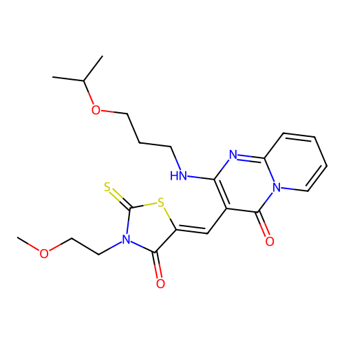 (5Z)-3-(2-methoxyethyl)-5-[[4-oxo-2-(3-propan-2-yloxypropylamino)pyrido[1,2-a]pyrimidin-3-yl]methylidene]-2-sulfanylidene-1,3-thiazolidin-4-one structure