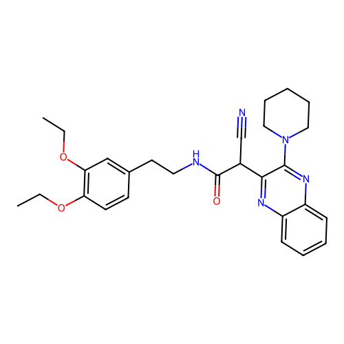 2-cyano-N-(3,4-diethoxyphenethyl)-2-(3-(piperidin-1-yl)quinoxalin-2-yl)acetamide structure