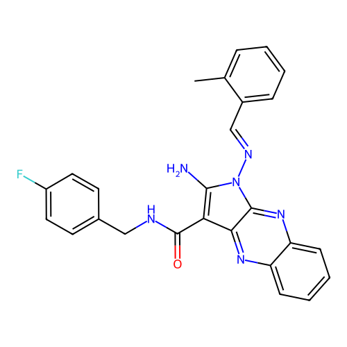 (E)-2-amino-N-(4-fluorobenzyl)-1-((2-methylbenzylidene)amino)-1H-pyrrolo[2,3-b]quinoxaline-3-carboxamide structure