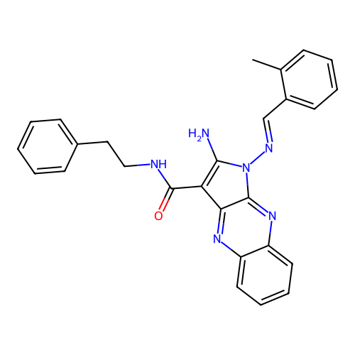 (E)-2-amino-1-((2-methylbenzylidene)amino)-N-phenethyl-1H-pyrrolo[2,3-b]quinoxaline-3-carboxamide structure