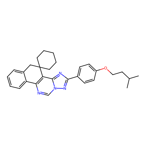 2-(4-(isopentyloxy)phenyl)-5H-spiro[benzo[h][1,2,4]triazolo[1,5-c]quinazoline-4,1'-cyclohexane] structure