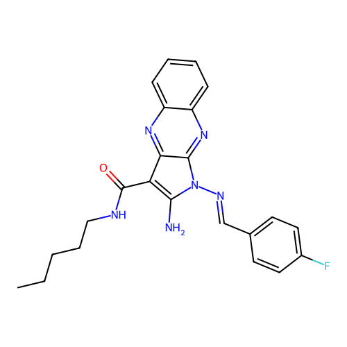 (E)-2-amino-1-((4-fluorobenzylidene)amino)-N-pentyl-1H-pyrrolo[2,3-b]quinoxaline-3-carboxamide structure
