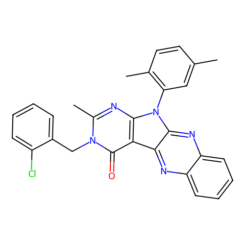 3-(2-chlorobenzyl)-11-(2,5-dimethylphenyl)-2-methyl-3,11-dihydro-4H-pyrimido[5',4':4,5]pyrrolo[2,3-b]quinoxalin-4-one structure