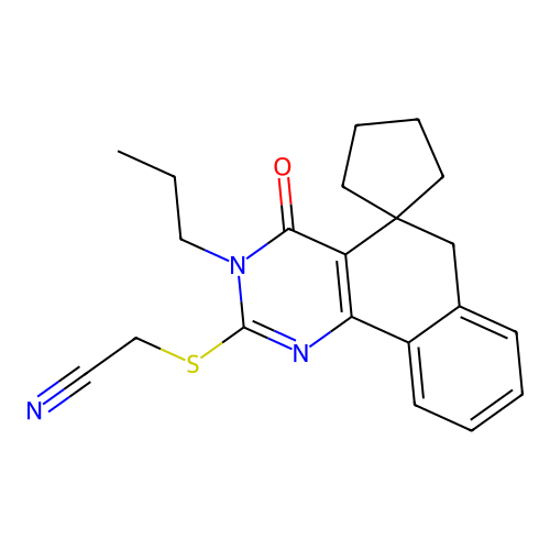 2-((4-oxo-3-propyl-4,6-dihydro-3H-spiro[benzo[h]quinazoline-5,1'-cyclopentan]-2-yl)thio)acetonitrile structure