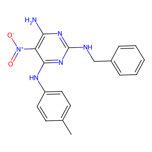{6-Amino-5-nitro-2-[benzylamino]pyrimidin-4-yl}(4-methylphenyl)amine structure