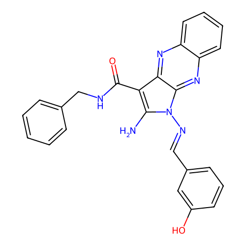 (E)-2-amino-N-benzyl-1-((3-hydroxybenzylidene)amino)-1H-pyrrolo[2,3-b]quinoxaline-3-carboxamide structure
